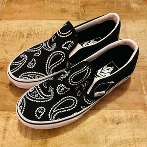 Vans Black and White Paisley Slip-Ons